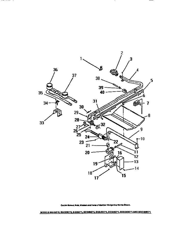 BURNERS, IGNITORS, CONTROLS Diagram and Parts List for GG32BCW0  Frigidaire Range