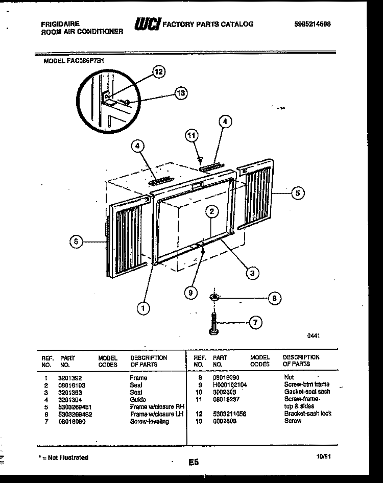 WINDOW MOUNTING PARTS Diagram and Parts List for FAC086P7B1  Frigidaire Air Conditioner