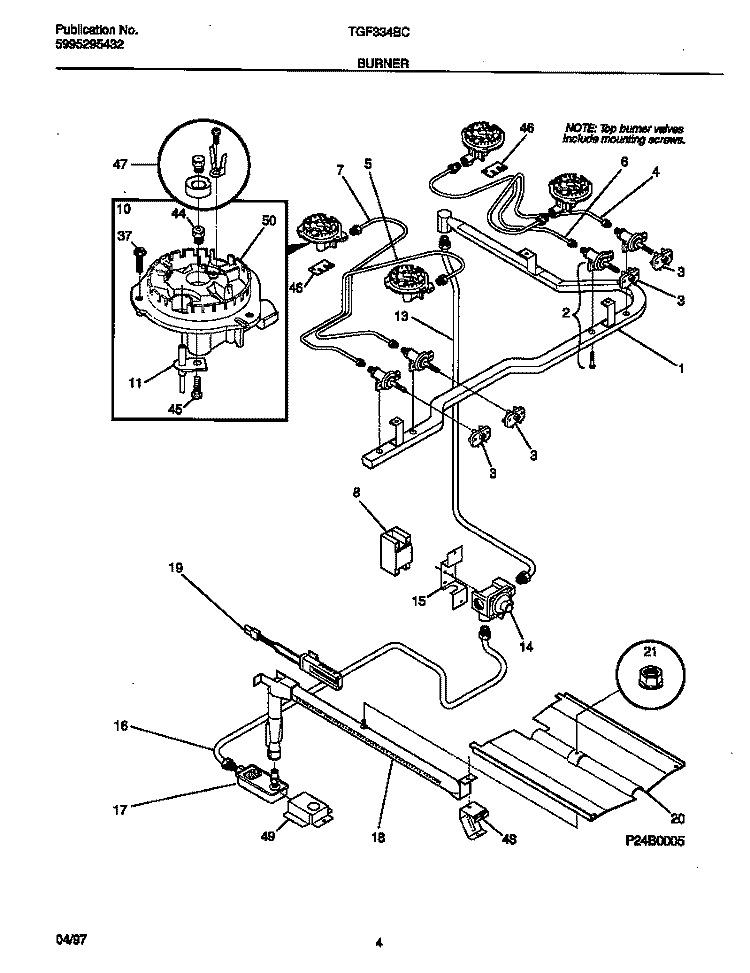 BURNER Diagram and Parts List for TGF334BCDG  Tappan Range