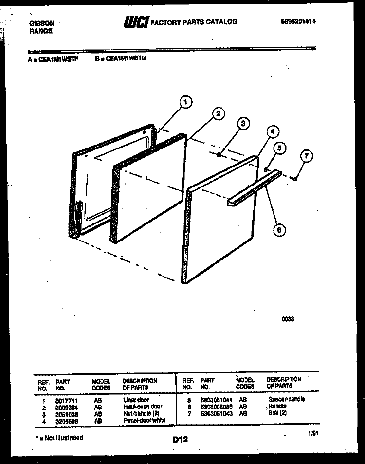 DOOR PARTS Diagram and Parts List for CEA1M1WSTG  Gibson Range