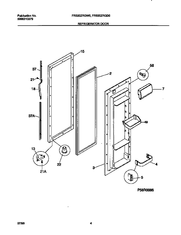 REFRIGERATOR DOOR Diagram and Parts List for FRS20ZRGW0  Frigidaire Refrigerator