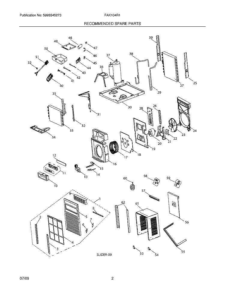 RECOMMENDED SPARE PARTS Diagram and Parts List for FAK104R1VA  Frigidaire Air Conditioner