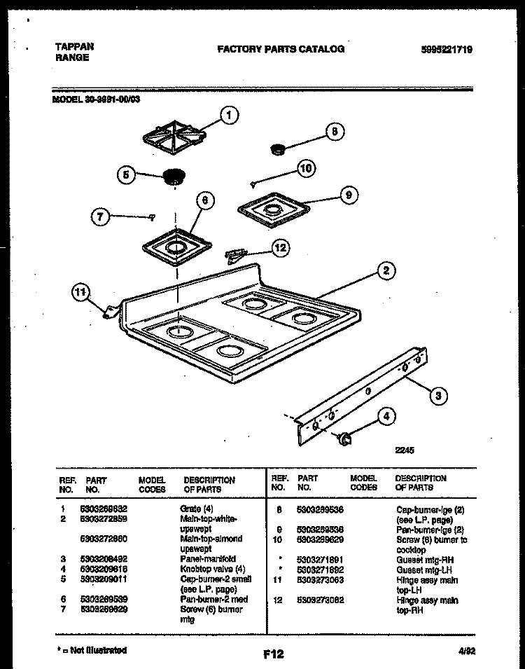 COOKTOP PARTS Diagram and Parts List for 30-3991-00-03  Tappan Range