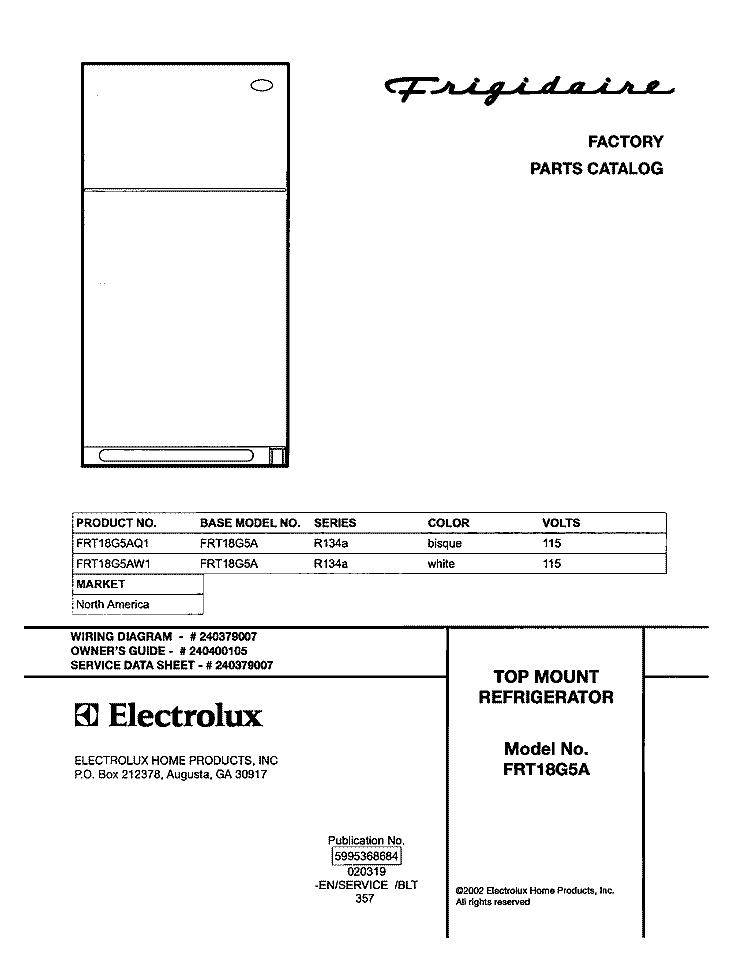 COVER Diagram and Parts List for FRT18G5AW1  Frigidaire Refrigerator