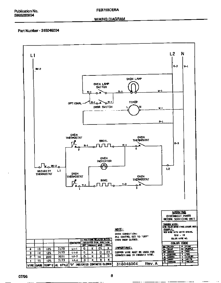 WIRING DIAGRAM Diagram and Parts List for FEB703CEBA  Frigidaire Wall Oven
