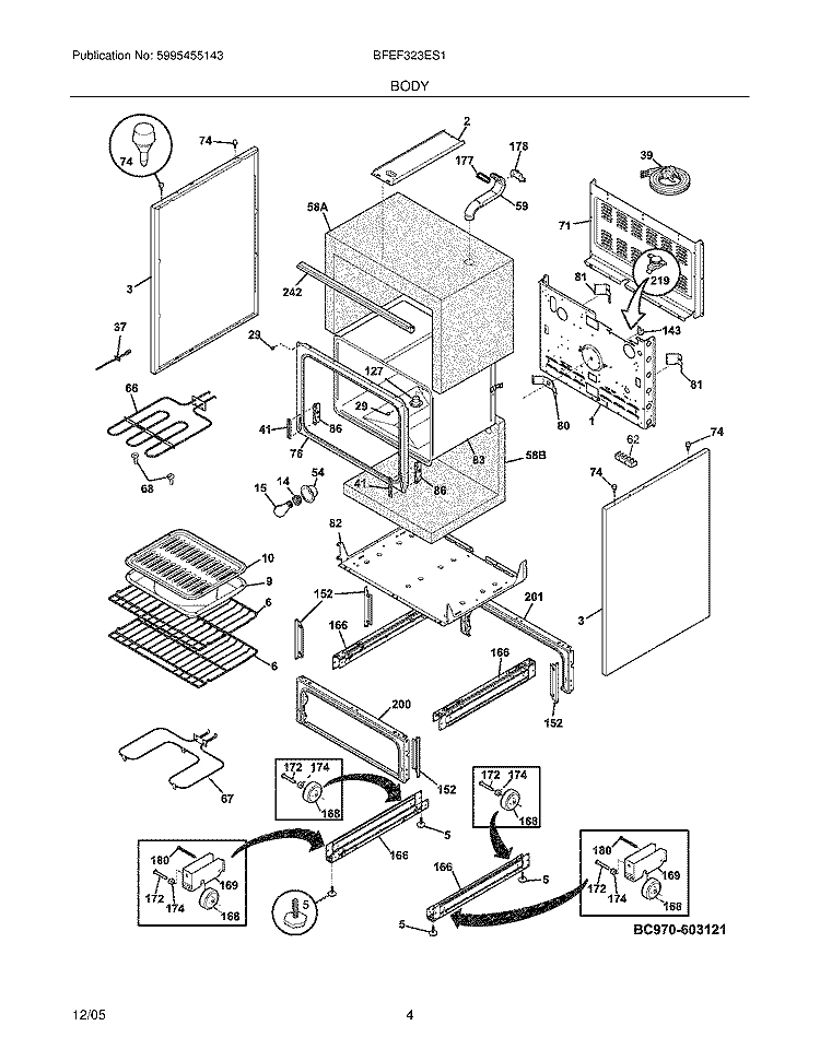 BODY Diagram and Parts List for BFEF323ES1  Frigidaire Range