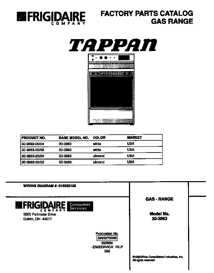 COVER Diagram and Parts List for 30-3863-00-05  Tappan Range