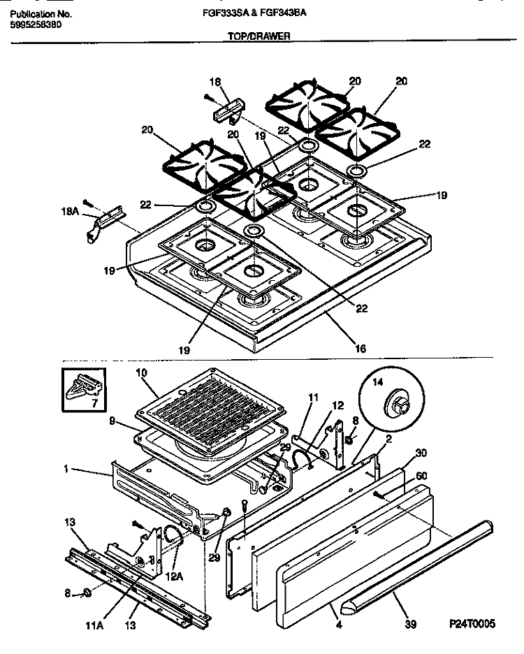 TOP / DRAWER Diagram and Parts List for FGF333SADB  Frigidaire Range