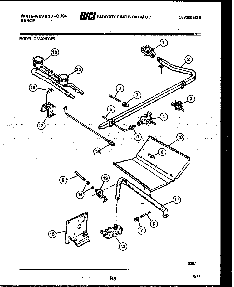 BURNER, MANIFOLD AND GAS CONTROL Diagram and Parts List for GF300HXW5  Frigidaire Range