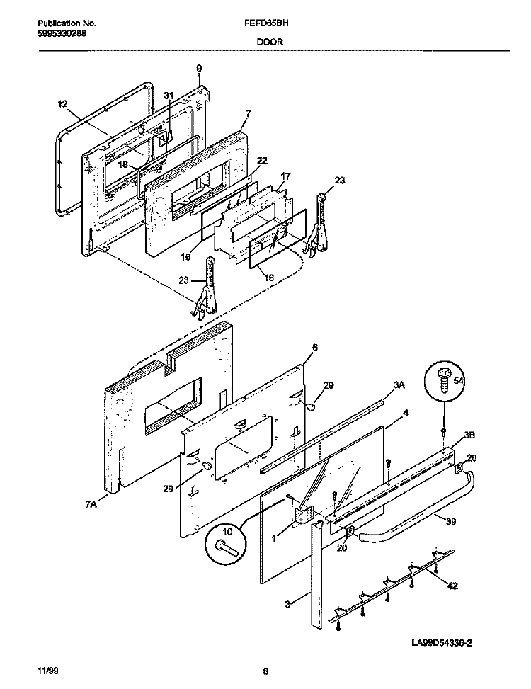 DOOR Diagram and Parts List for FEFD65BHDE  Frigidaire Range