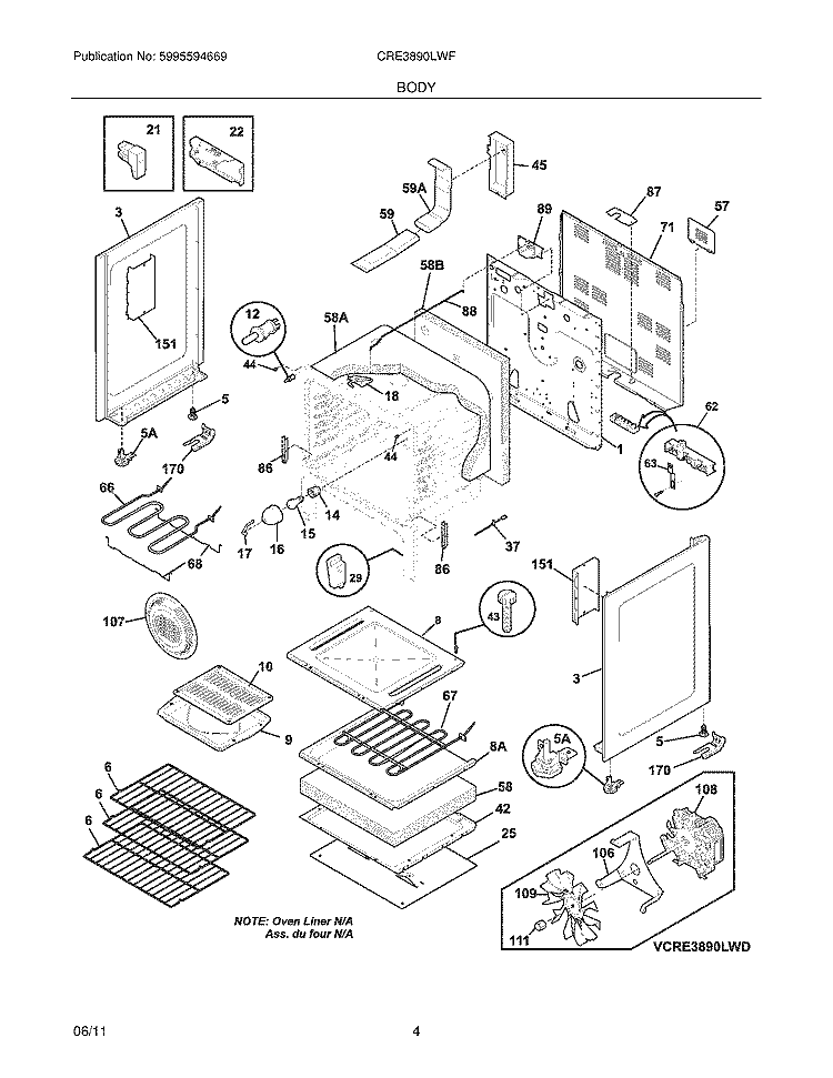 BODY Diagram and Parts List for CRE3890LWF  Crosley Range