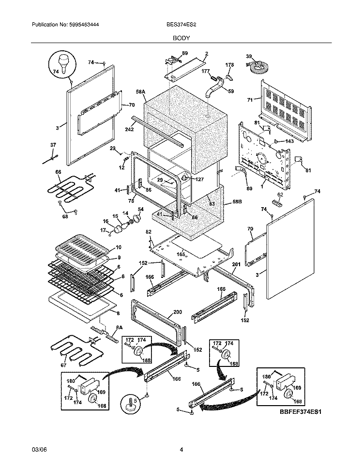 BODY Diagram and Parts List for BES374ES2  Crosley Wall Oven