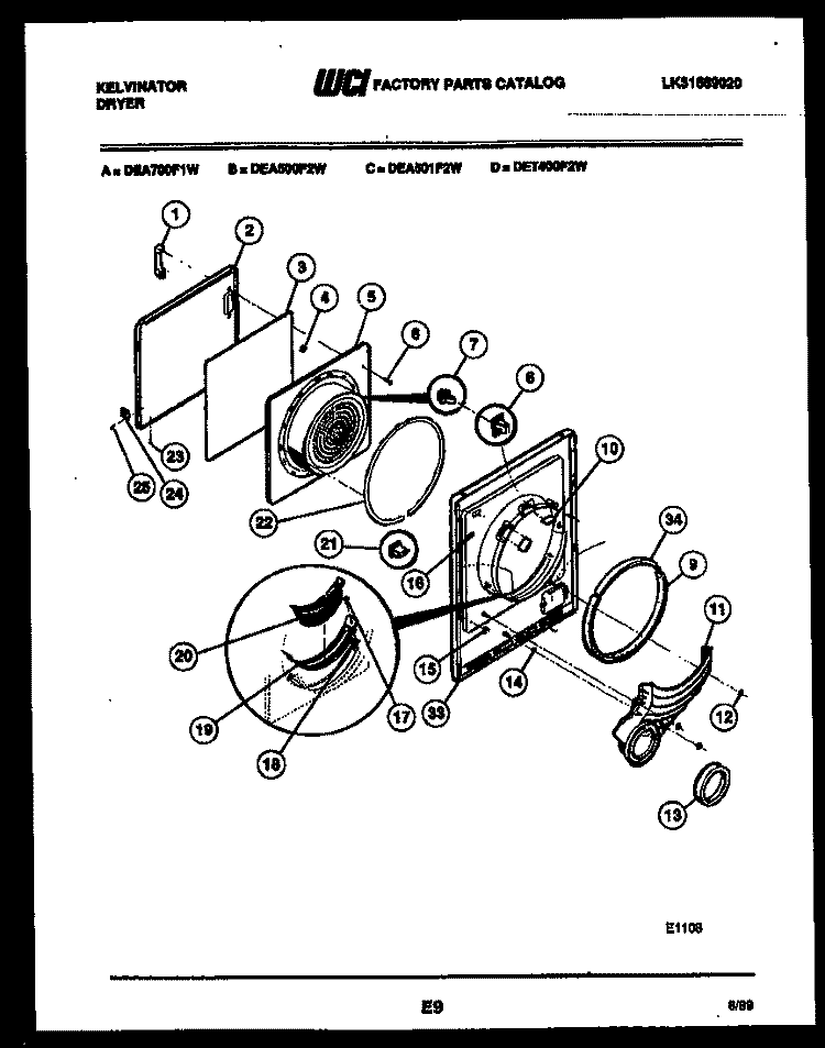 DOOR PARTS Diagram and Parts List for DEA700F1W  Kelvinator Dryer