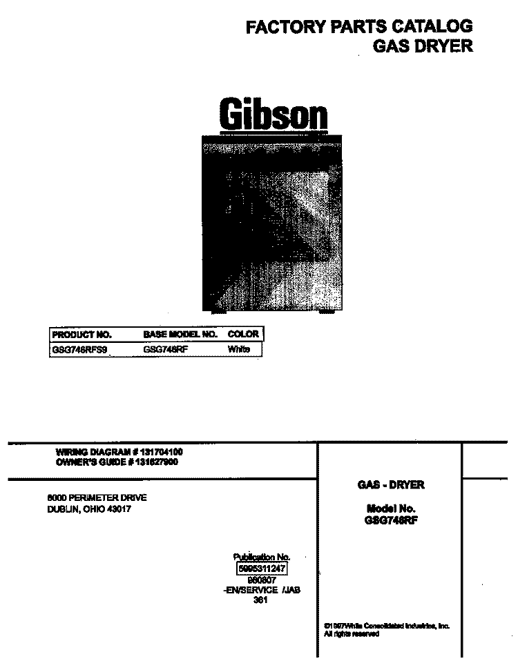 COVER Diagram and Parts List for GSG746RFS9  Gibson Dryer