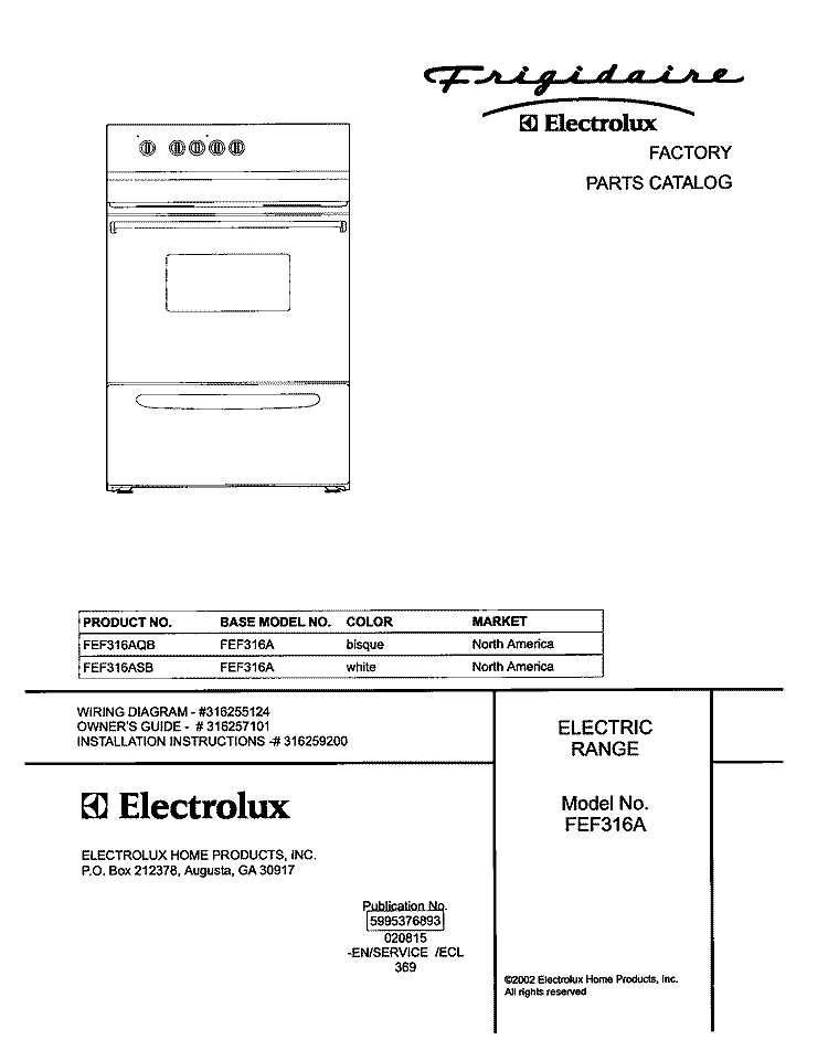 COVER Diagram and Parts List for FEF316AQB  Frigidaire Range