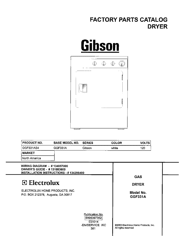 COVER Diagram and Parts List for GGF331AS4  Gibson Dryer