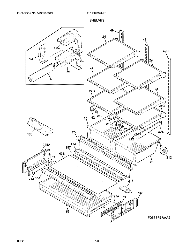 SHELVES Diagram and Parts List for FPHG2399MF1  Frigidaire Refrigerator