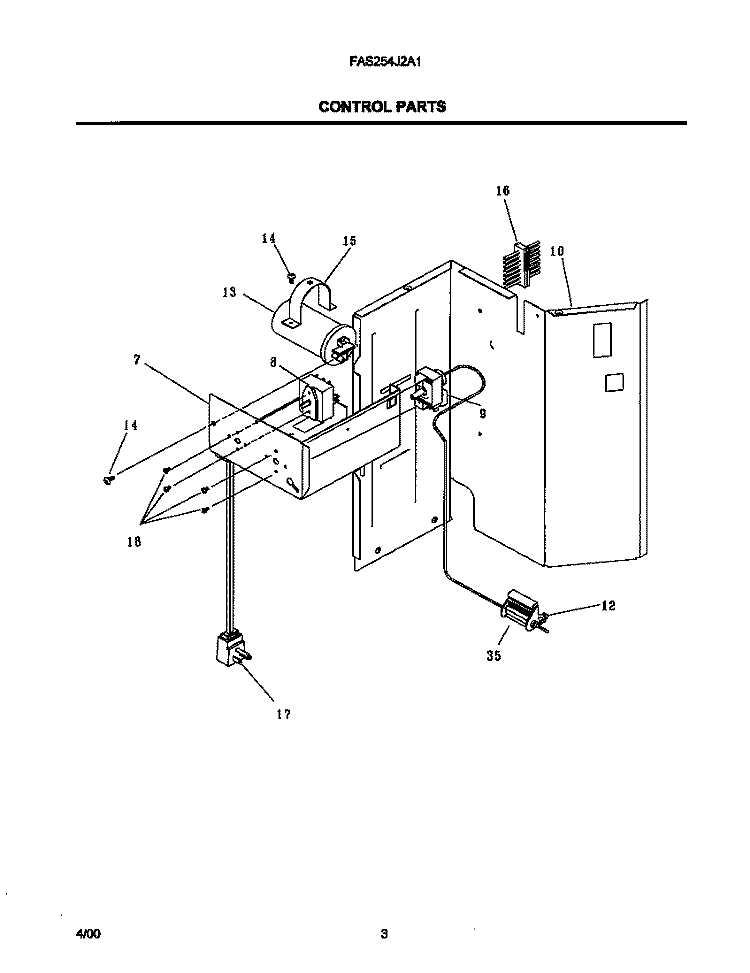 CONTROL PARTS Diagram and Parts List for FAS254J2A1  Frigidaire Air Conditioner