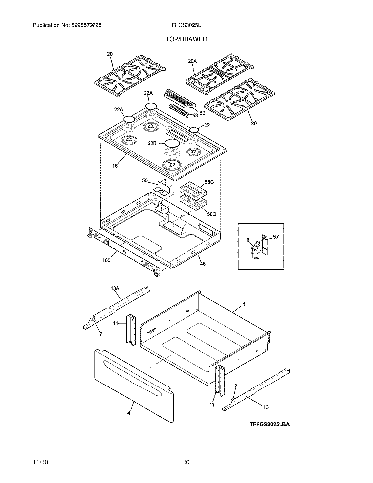 TOP/DRAWER Diagram and Parts List for FFGS3025LBB  Frigidaire Range
