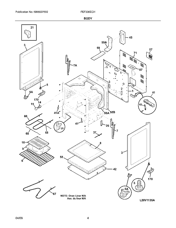 BODY Diagram and Parts List for FEF336ECH  Frigidaire Range