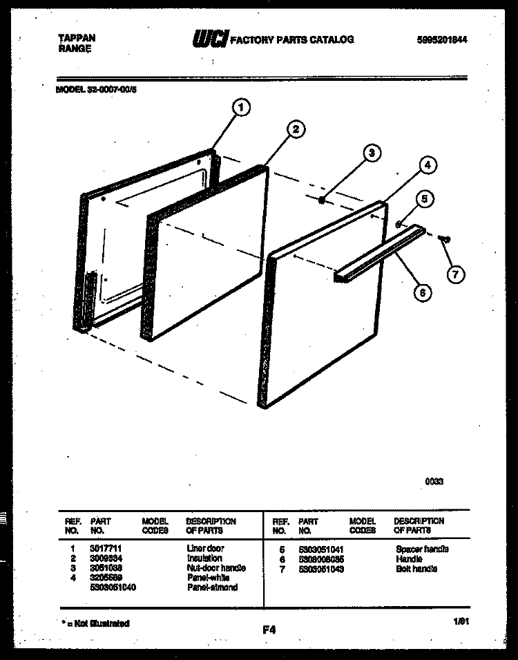 DOOR PARTS Diagram and Parts List for 32-0007-23-05  Tappan Range