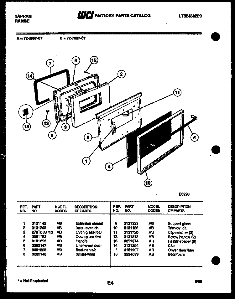 LOWER OVEN DOOR PARTS Diagram and Parts List for 72-3657-00-07  Tappan Range