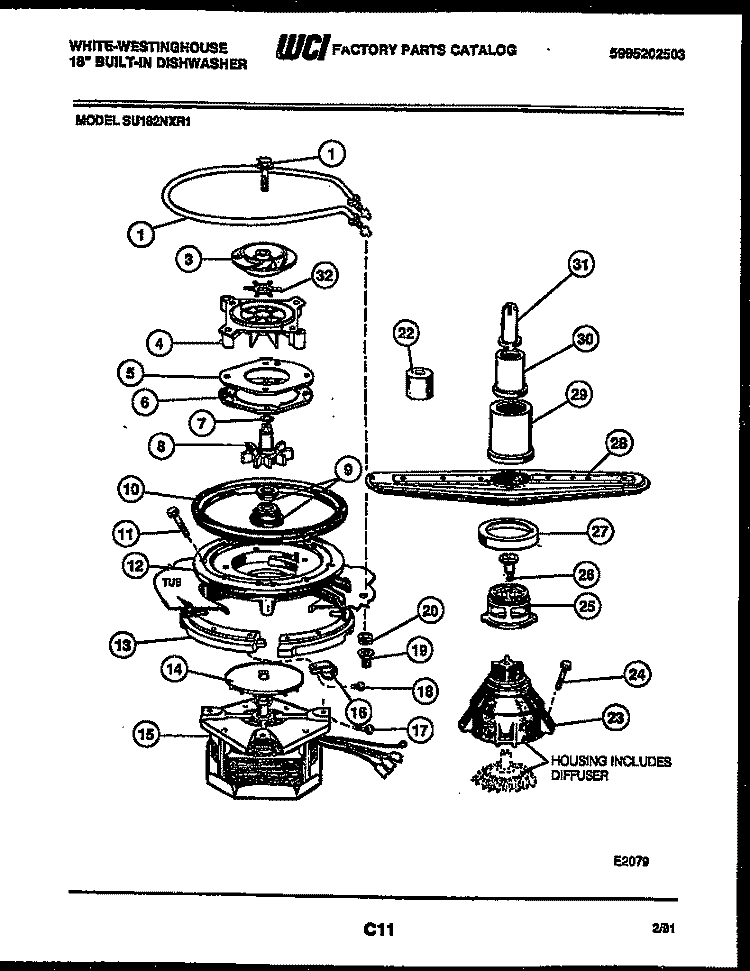 MOTOR PUMP PARTS Diagram and Parts List for SU182NXR1  Frigidaire Dishwasher