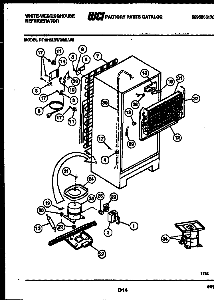 SYSTEM AND AUTOMATIC DEFROST PARTS Diagram and Parts List for RT181MLW0  Frigidaire Refrigerator