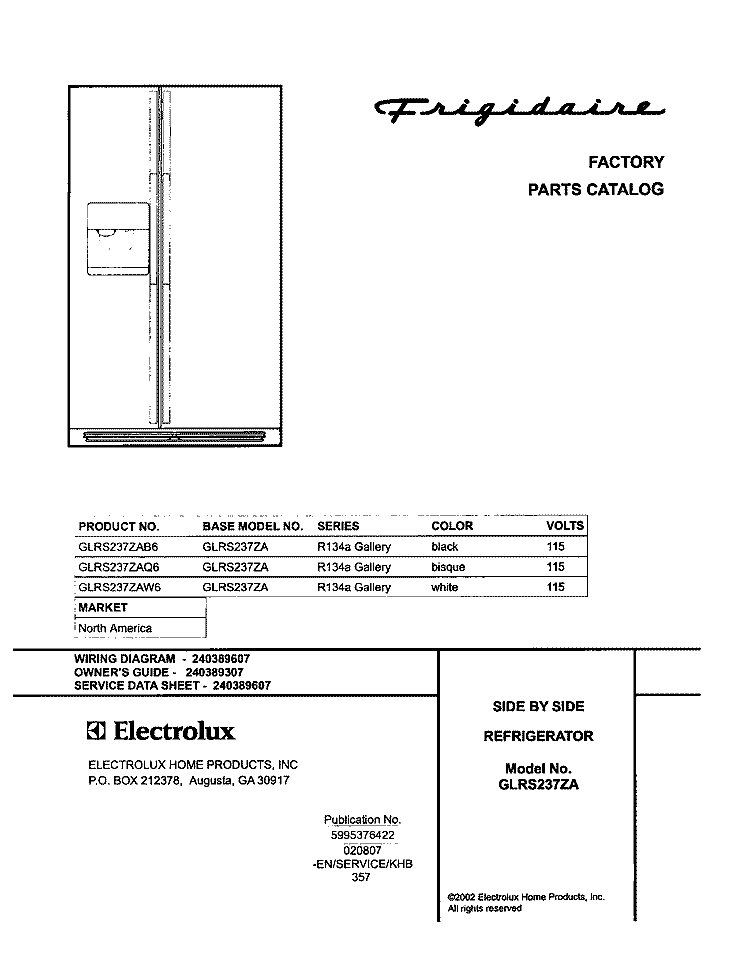 COVER Diagram and Parts List for GLRS237ZAW6  Frigidaire Refrigerator