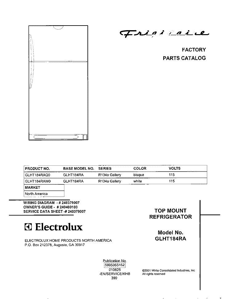 COVER Diagram and Parts List for GLHT184RAQ0  Frigidaire Refrigerator