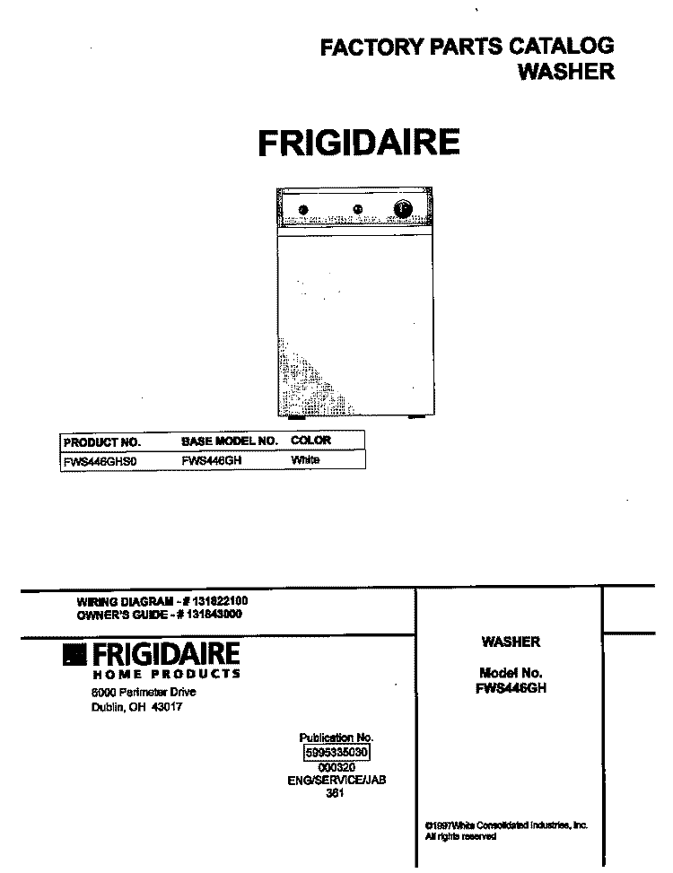 COVER Diagram and Parts List for FWS446GHS0  Frigidaire Washer
