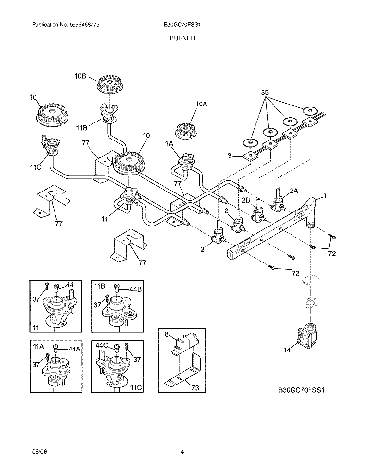 BURNER Diagram and Parts List for E30GC70FSS1  Electrolux Cooktop