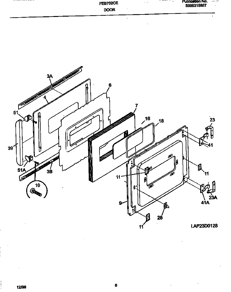 DOOR Diagram and Parts List for FEB702CEBF  Frigidaire Wall Oven