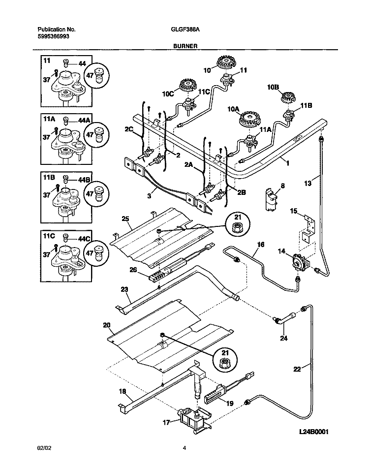 BURNER Diagram and Parts List for GLGF388AQC  Frigidaire Range