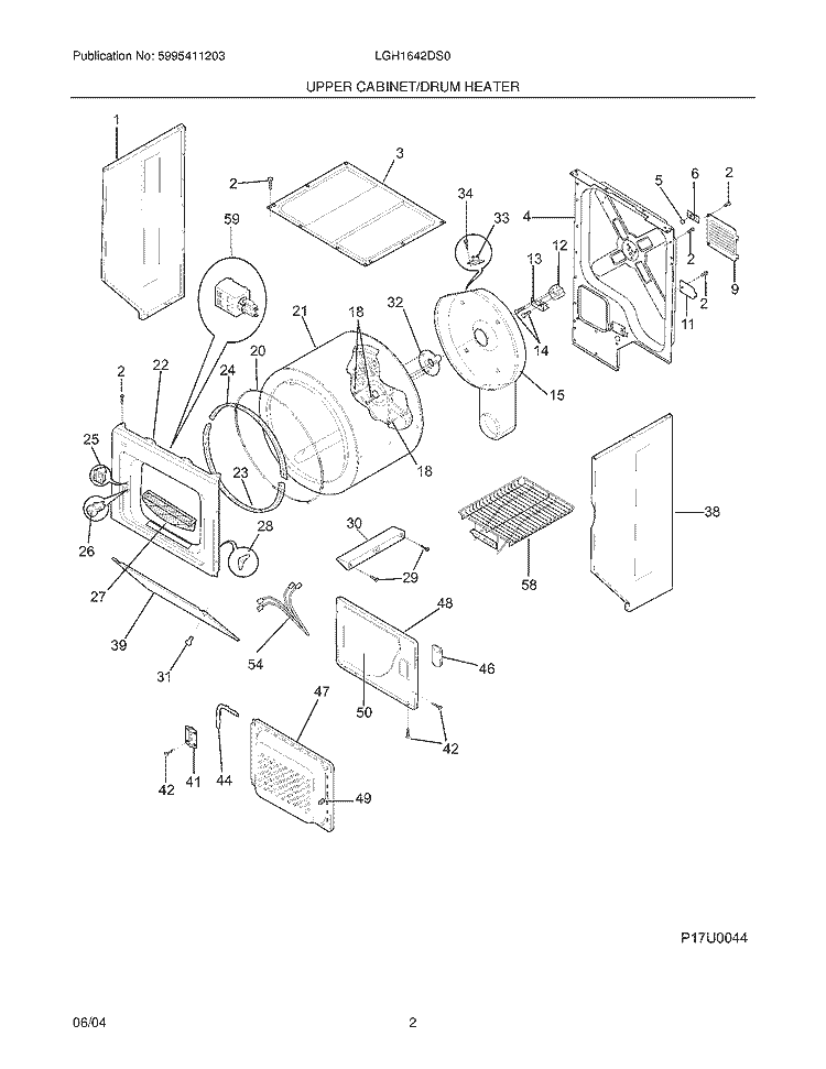UPPER CABINET / DRUM Diagram and Parts List for LGH1642DS0  Electrolux Washer Dryer Combo