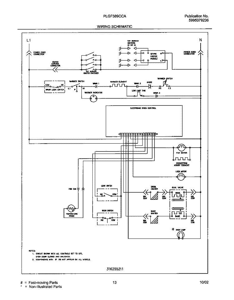WIRING SCHEMATIC Diagram and Parts List for PLGF389CCA  Frigidaire Range