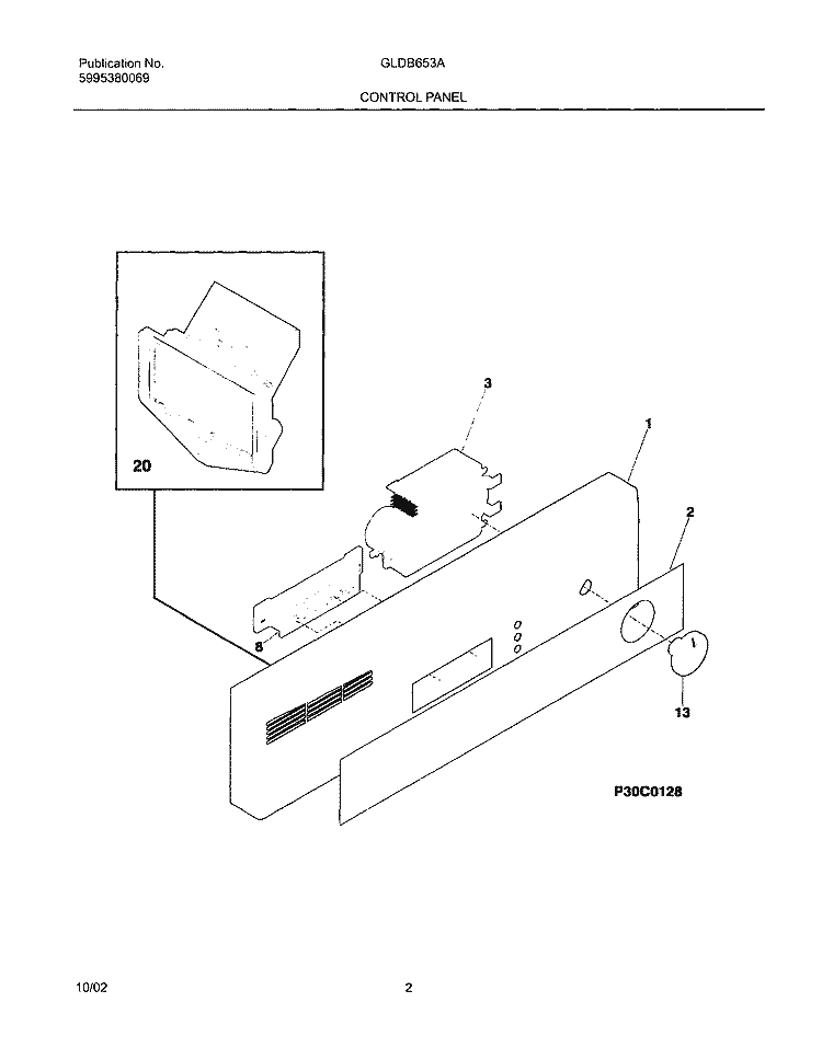 CONTROL PANEL Diagram and Parts List for GLDB653AS2  Frigidaire Dishwasher