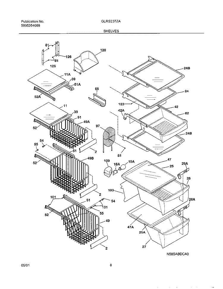 SHELVES Diagram and Parts List for GLRS237ZAB0  Frigidaire Refrigerator