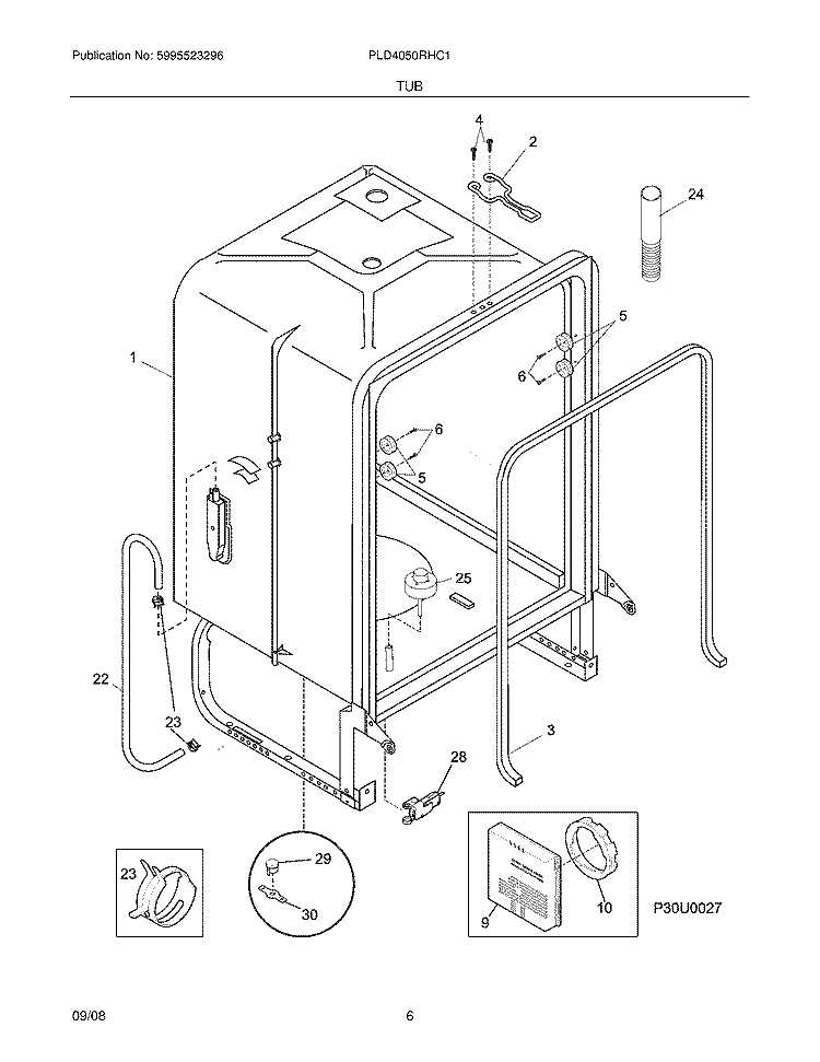 TUB Diagram and Parts List for PLD4050RHC1  Frigidaire Dishwasher