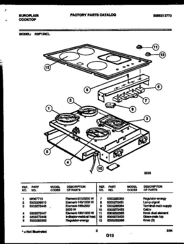 COOKTOP PARTS Diagram and Parts List for RBF136CL  Frigidaire Cooktop