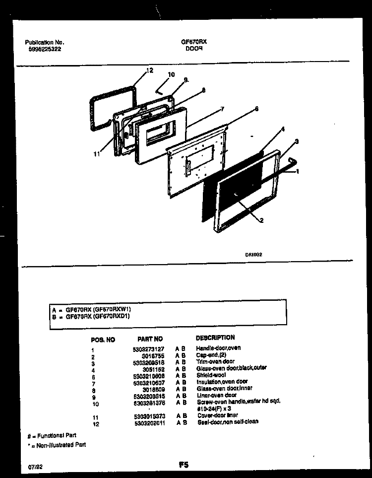 DOOR PARTS Diagram and Parts List for GF670RXW1  Frigidaire Range