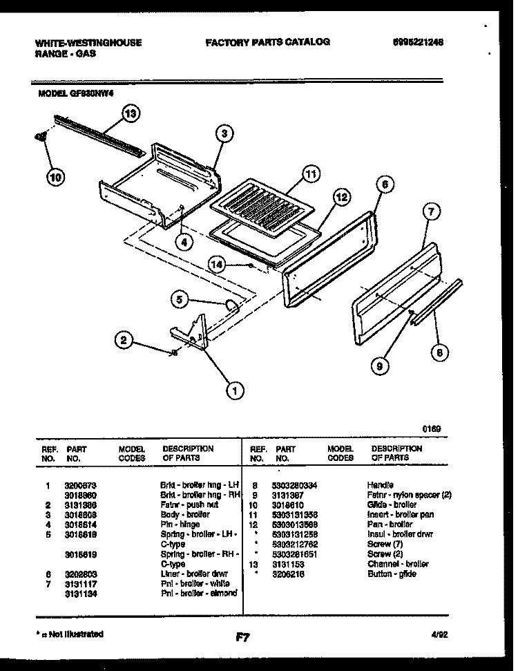 BROILER DRAWER PARTS Diagram and Parts List for GF830NW4  Frigidaire Range