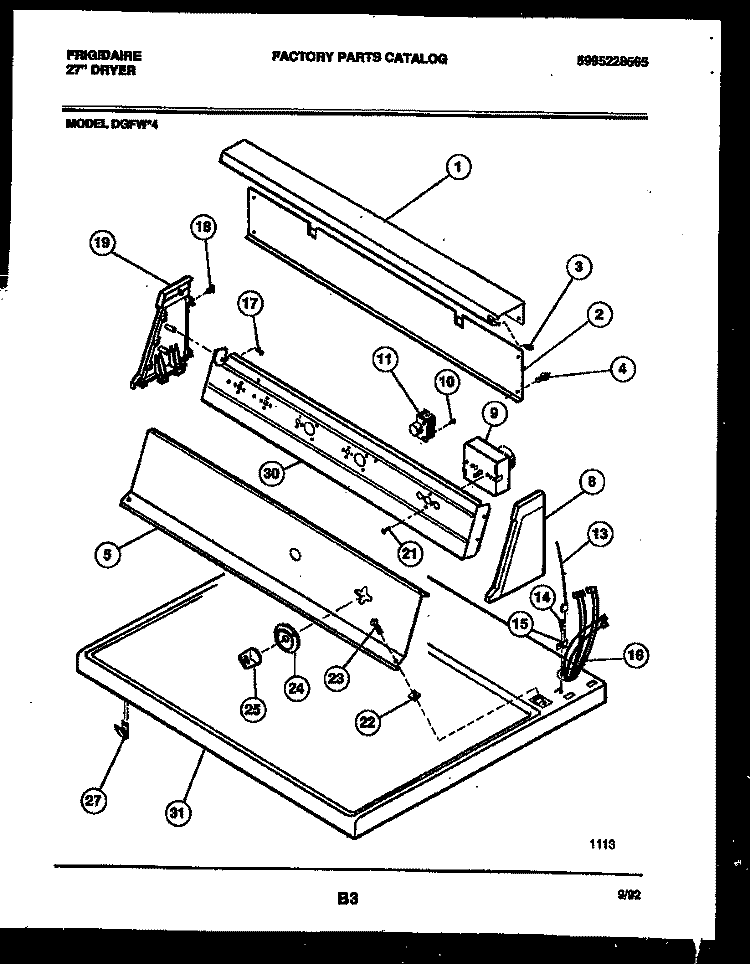CONSOLE AND CONTROL PARTS Diagram and Parts List for DGFW4  Frigidaire Dryer