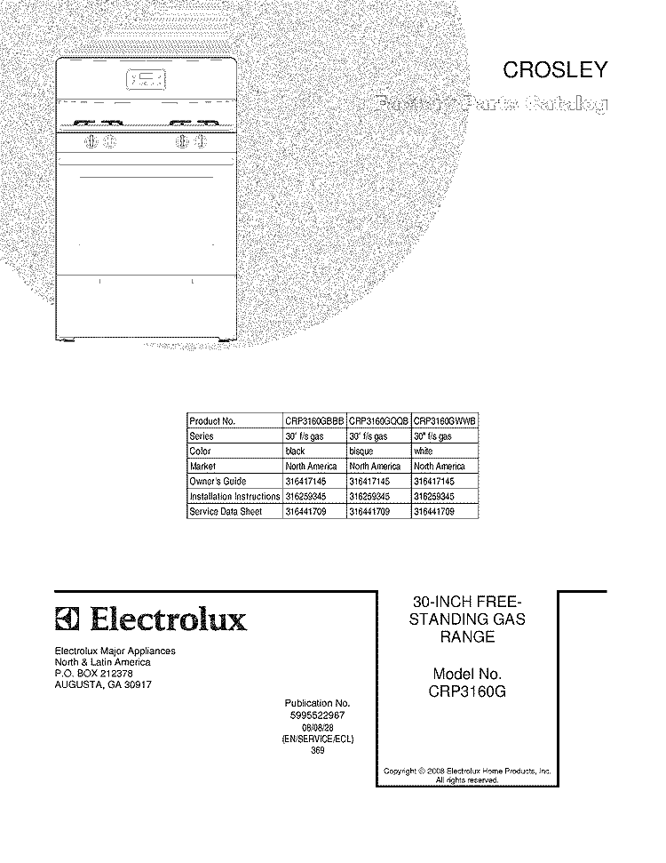 COVER Diagram and Parts List for CRP3160GWWB  Crosley Range