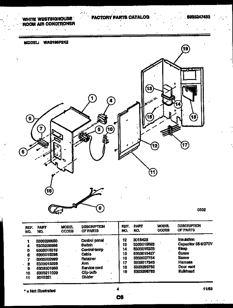 ELECTRICAL PARTS Diagram and Parts List for WAS186P2K2  Frigidaire Air Conditioner