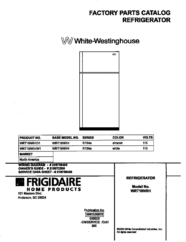 COVER Diagram and Parts List for WRT18NRHW1  Frigidaire Refrigerator