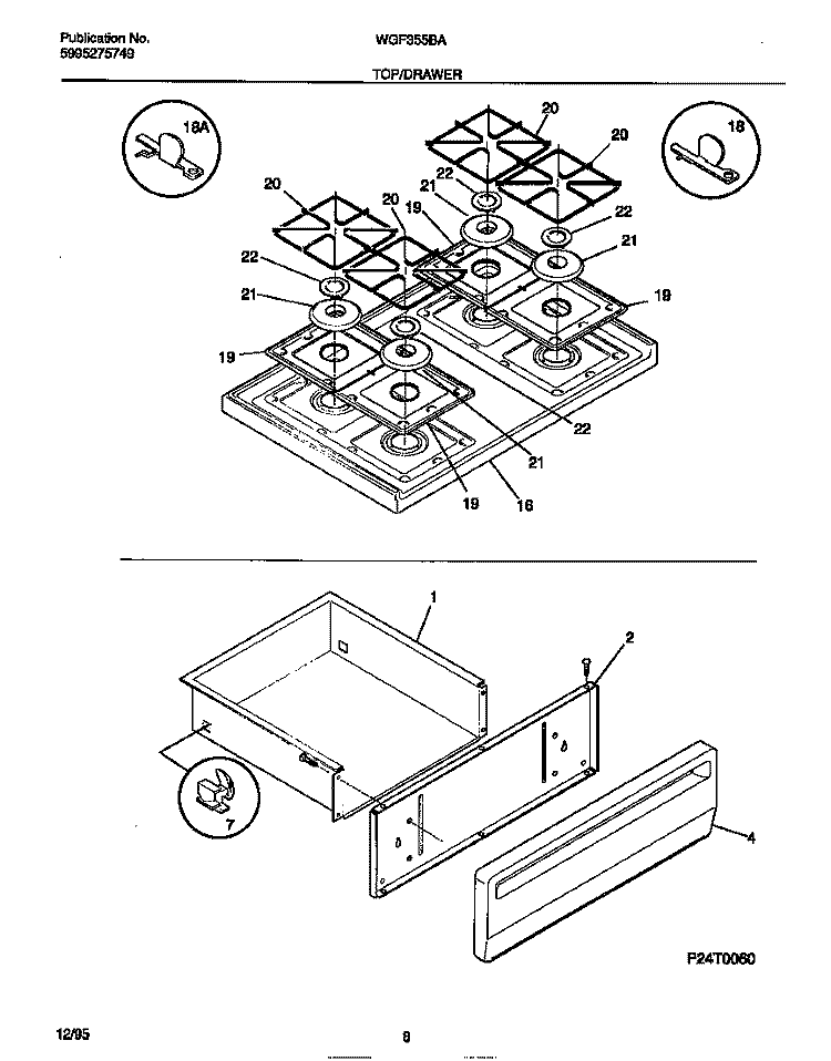 TOP / DRAWER Diagram and Parts List for WGF355BAWE  Frigidaire Range