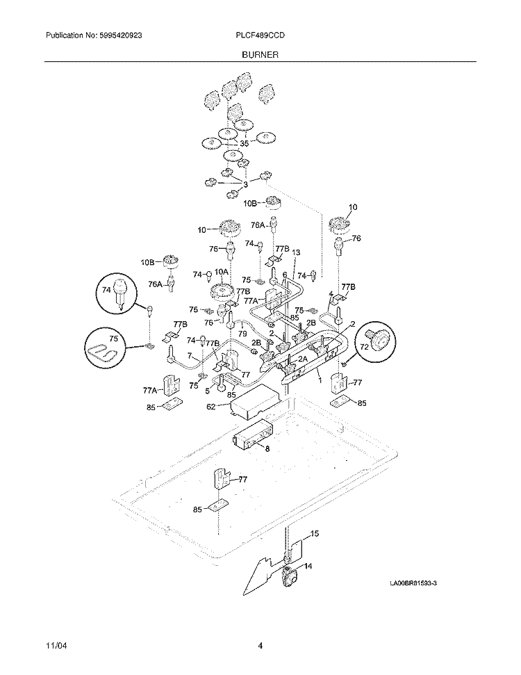 BURNER Diagram and Parts List for PLCF489CCD  Frigidaire Range