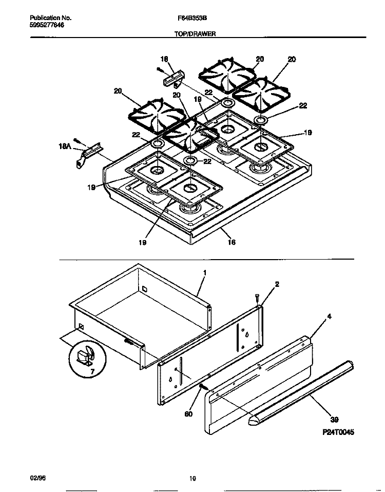 TOP / DRAWER Diagram and Parts List for F64B353BDB  Frigidaire Range