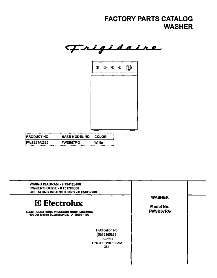 COVER Diagram and Parts List for FWSB67RGS2  Frigidaire Washer